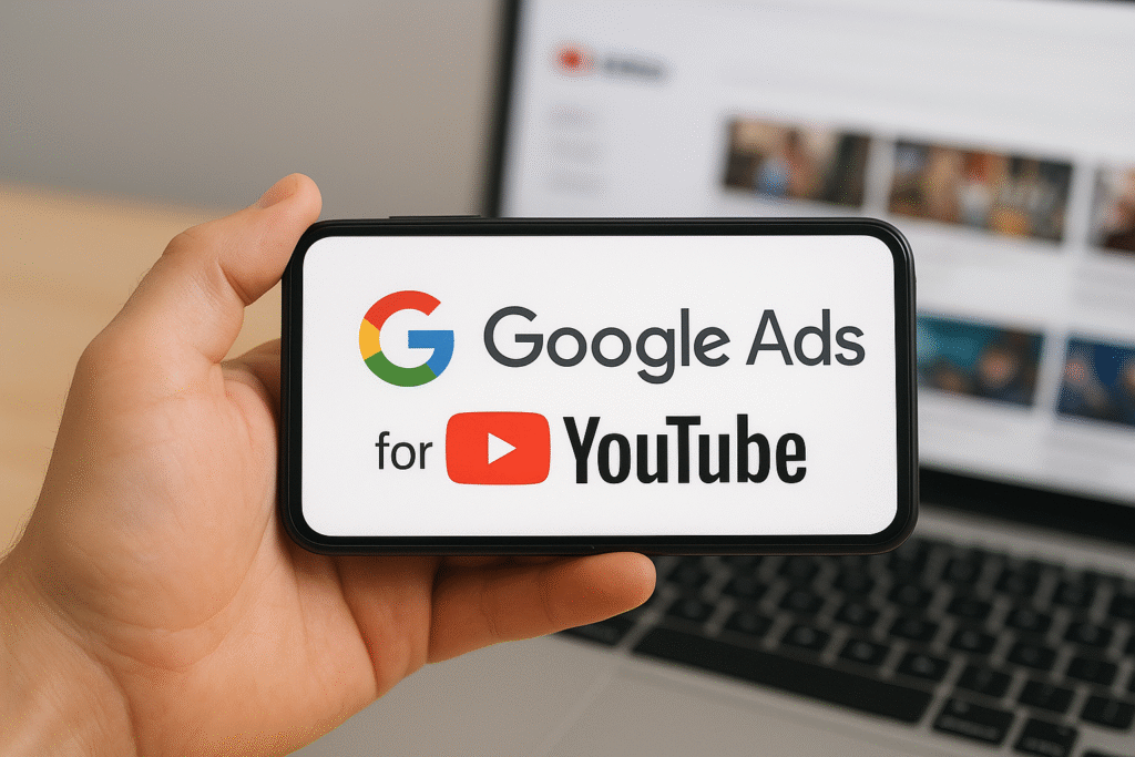 A person holding a smartphone displaying the “Google Ads for YouTube” logo, with a blurred laptop showing the YouTube interface in the background. Google Ads for YouTube: Complete Advertising 2025
