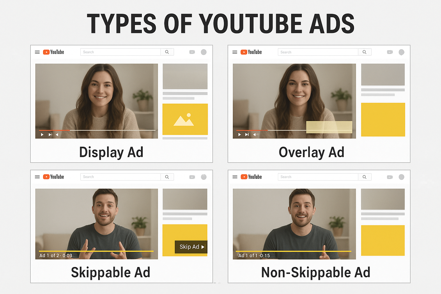 A realistic illustration showing four types of YouTube ads — Display Ad, Overlay Ad, Skippable Ad, and Non-Skippable Ad — arranged in a 2x2 grid on a YouTube interface mockup. Google Ads for YouTube: Complete Advertising 2025