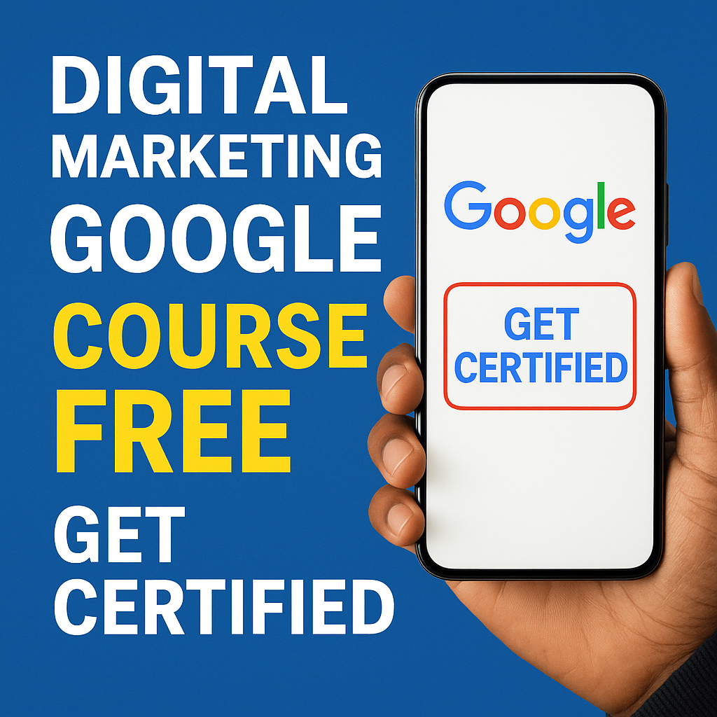 A realistic promotional image showing a person’s hand holding a smartphone displaying the Google logo and “Get Certified” button, beside bold text that reads “Digital Marketing Google Course Free Get Certified” on a blue background. Digital Marketing Google Course Free Certified