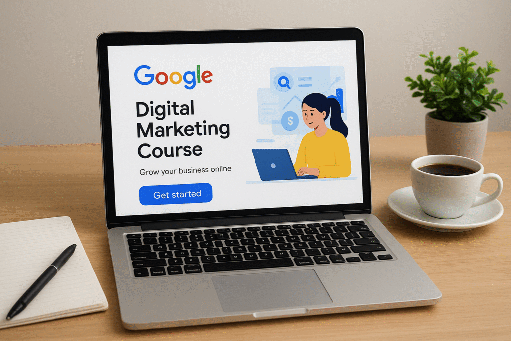 A laptop displaying the Google Digital Marketing Course webpage on a wooden desk with a notebook, pen, coffee cup, and small plant beside it. Digital Marketing Google Course Free Certified