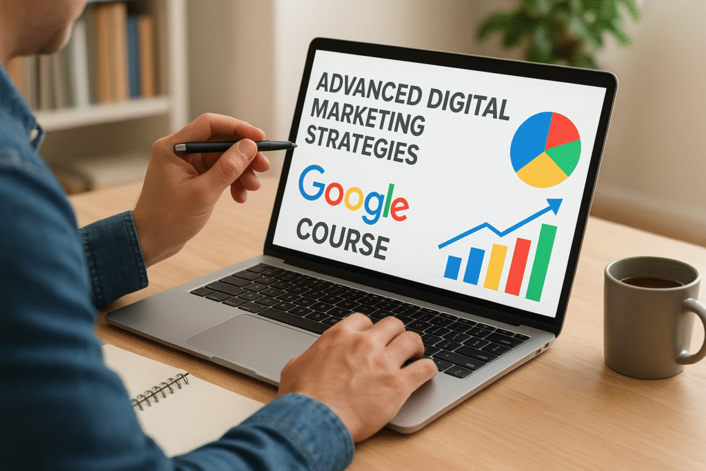 A person studying advanced digital marketing strategies from a Google course on a laptop, with colorful analytics charts displayed on the screen. Digital Marketing Google Course Free Certified