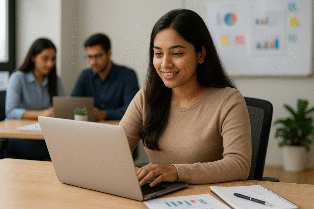 A young South Asian woman working on a laptop in a bright office, smiling as she focuses on her digital marketing internship tasks. Digital Marketing Internship Complete 2025 Guide