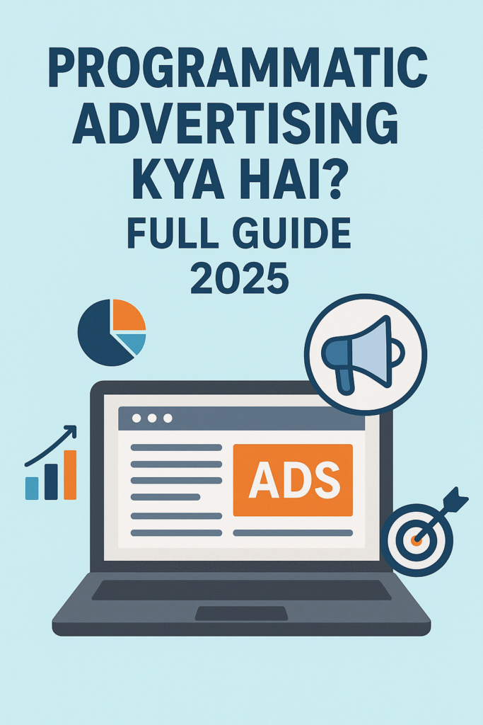 A digital illustration titled “Programmatic Advertising Kya Hai? Full Guide 2025,” showing a laptop screen with an orange “ADS” block, marketing icons, and charts symbolizing data-driven advertising. Programmatic Advertising Full Guide 2025