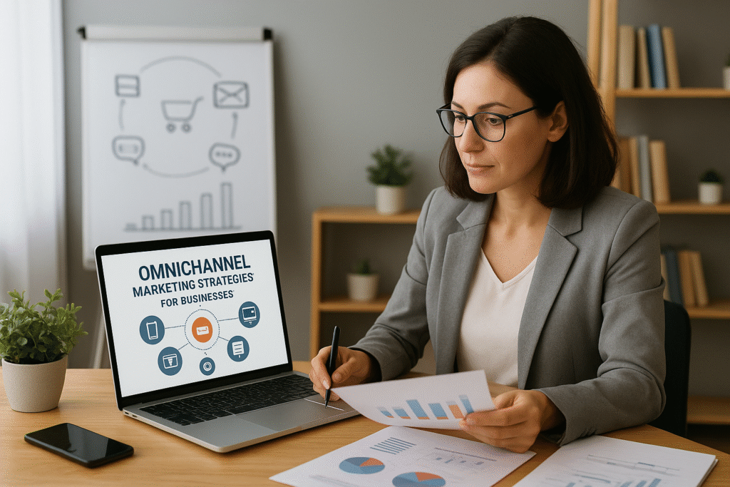 A professional woman in a gray blazer works on an omnichannel marketing strategy at her desk, analyzing charts and data on her laptop screen that reads “Omnichannel Marketing Strategies for Businesses.” Omnichannel Marketing Strategies for Businesses