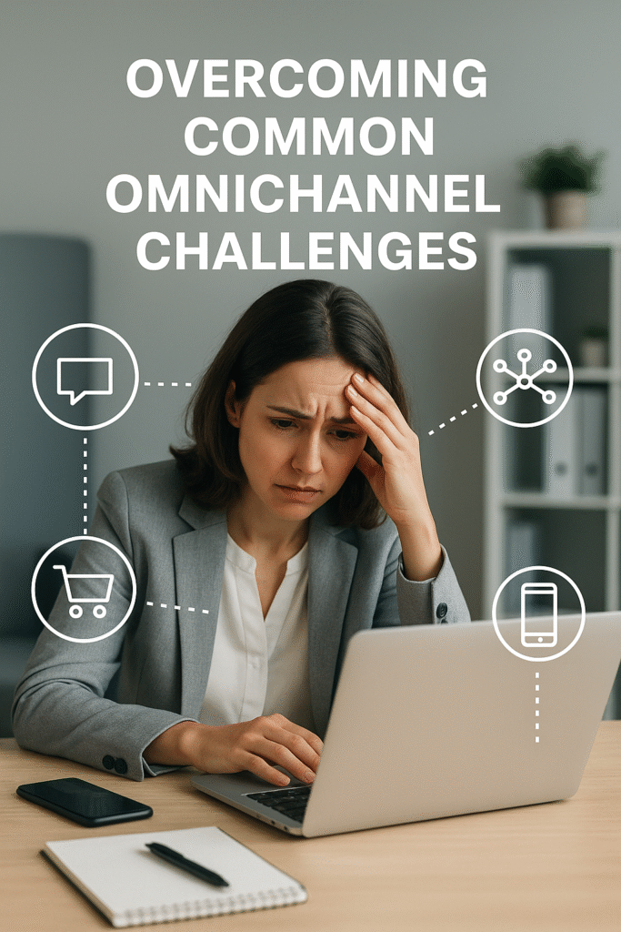 Alt Text: A professional woman in a gray blazer looks stressed while working on her laptop, surrounded by digital icons representing shopping carts, chat bubbles, networks, and mobile devices, symbolizing omnichannel marketing challenges.Omnichannel Marketing Strategies for Businesses