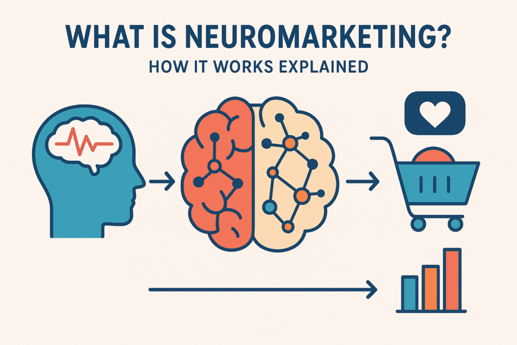 Infographic illustrating how neuromarketing works, showing a brain connecting human emotions to consumer decisions using icons of a head, brain, shopping cart, and growth chart. What Is Neuromarketing? How It Works Explained