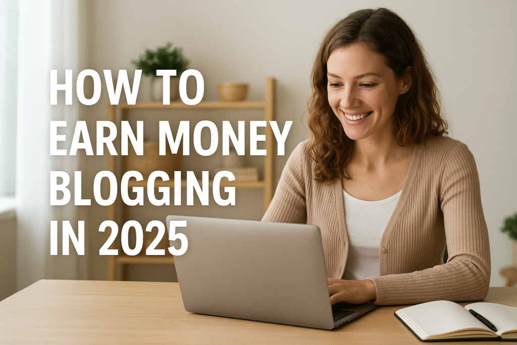 A smiling young woman works on her laptop at a wooden desk with a notebook beside her, representing modern blogging success in 2025. How to Earn Money Blogging in 2025 Ultimate Guide