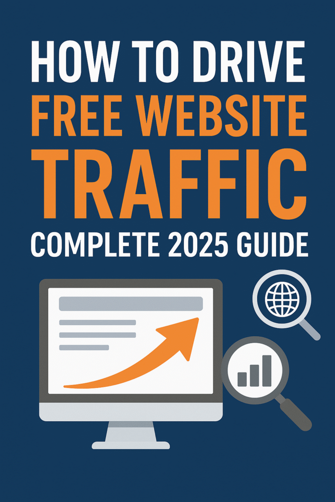 How to Drive Free Website Traffic Complete 2025 Guide illustration showing a computer screen with a rising arrow, symbolizing website growth, along with icons of a globe and magnifying glass. How to Drive Free Website Traffic Complete Guide