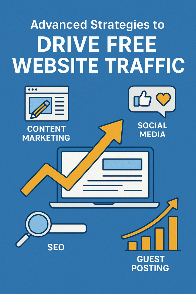 Infographic showing advanced strategies to drive free website traffic, featuring icons for content marketing, social media, SEO, and guest posting with an upward growth arrow. How to Drive Free Website Traffic Complete Guide