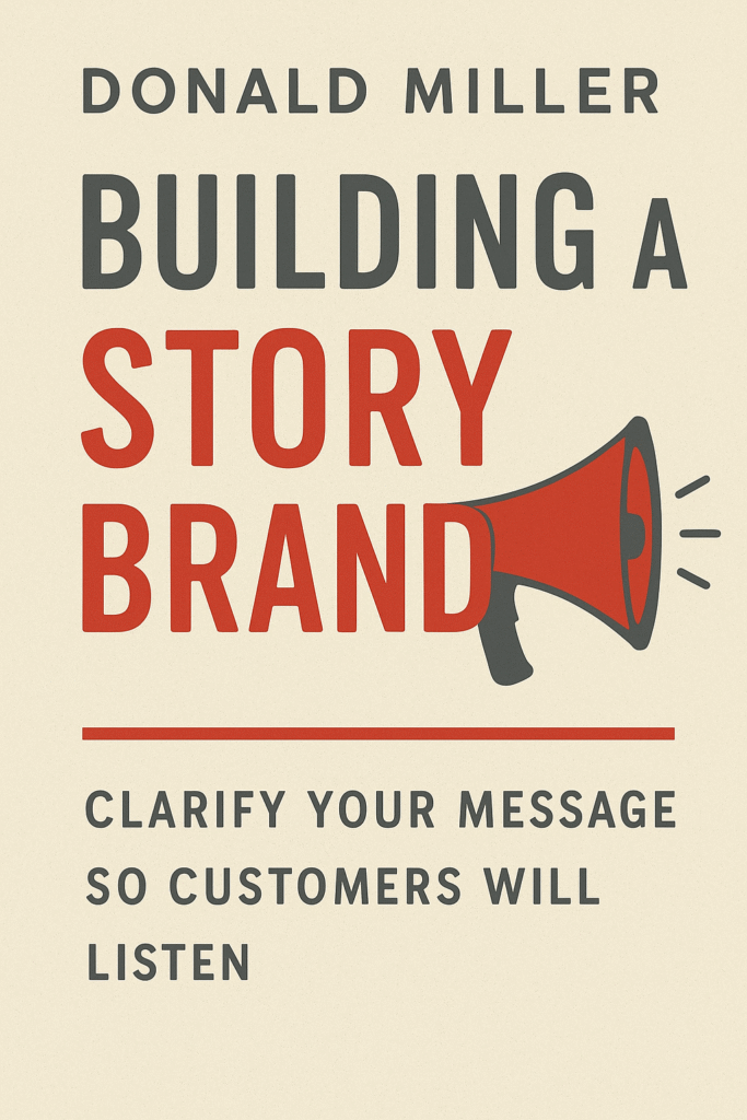 Book cover of Building a StoryBrand by Donald Miller featuring a minimalist design with bold typography, a red megaphone icon, and the subtitle “Clarify Your Message So Customers Will Listen.” Best Digital Marketing Books for complate Guide
