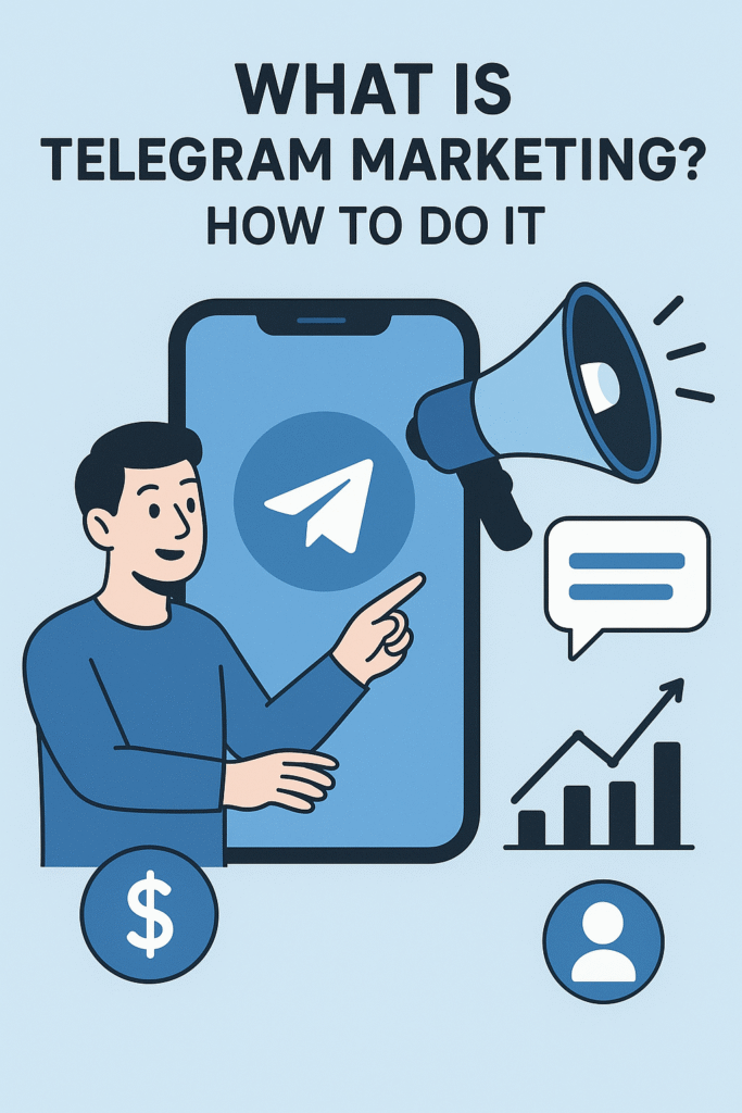 A digital illustration showing a person pointing at a smartphone with the Telegram logo, surrounded by marketing icons like a megaphone, chat bubble, growth chart, and dollar sign. What Is Telegram Marketing How to Do It