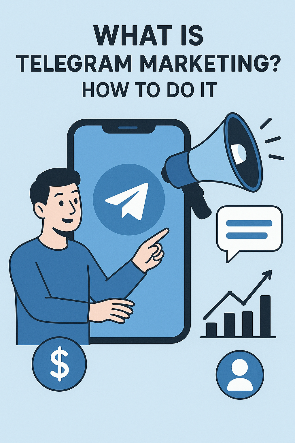 A digital illustration showing a person pointing at a smartphone with the Telegram logo, surrounded by marketing icons like a megaphone, chat bubble, growth chart, and dollar sign. What Is Telegram Marketing How to Do It