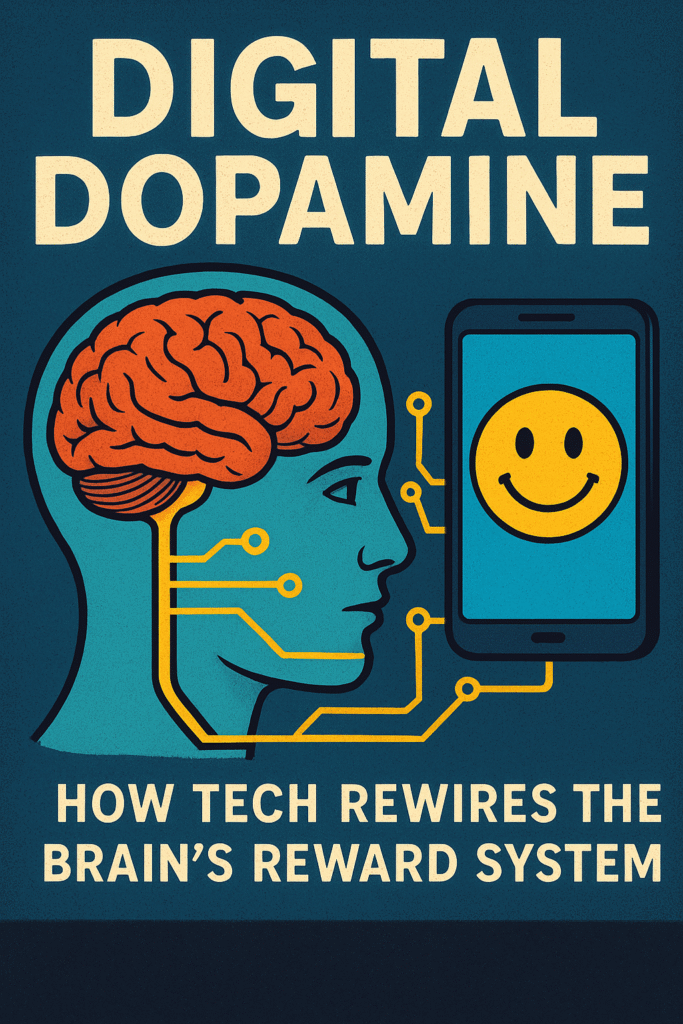 Illustration showing a human head connected by yellow circuits to a smartphone, symbolizing how technology affects the brain's reward system. Digital Dopamine How Tech Rewires the Brains