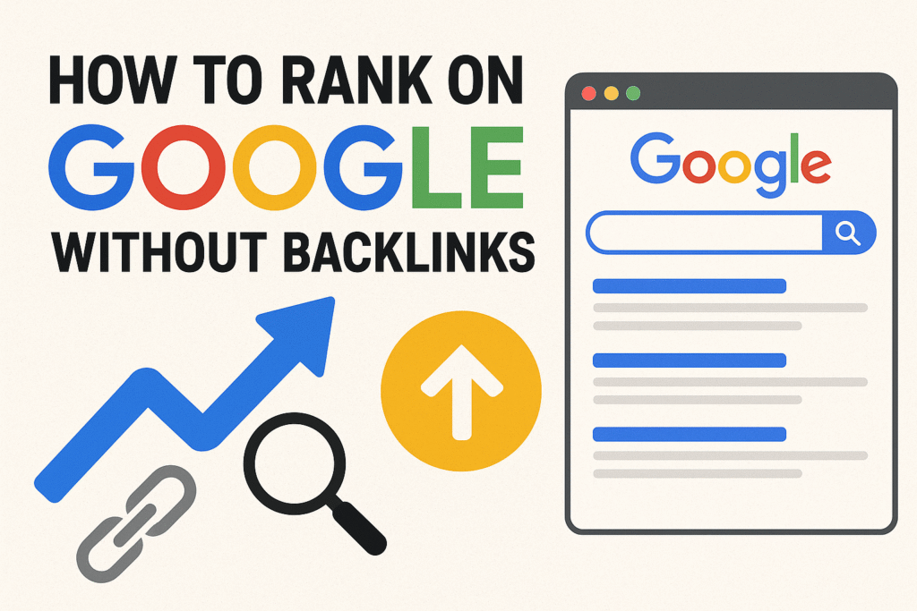 Illustration showing the phrase “How to Rank on Google Without Backlinks” with the Google logo, search result page graphic, and icons of an upward arrow, magnifying glass, and broken link symbolizing SEO growth without backlinks. How to Rank on Google Without Backlinks