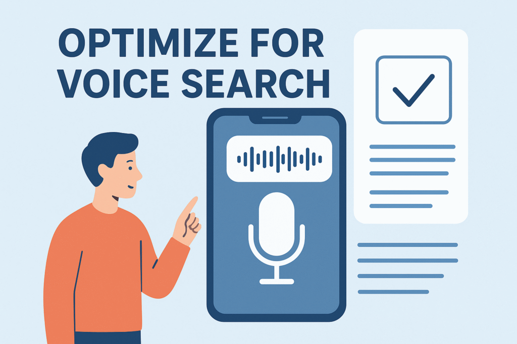 Illustration showing a person interacting with a smartphone that displays a large microphone icon, symbolizing voice search optimization. The text “Optimize for Voice Search” appears above, with clean flat design elements in blue, orange, and white tones. How to Rank on Google Without Backlinks