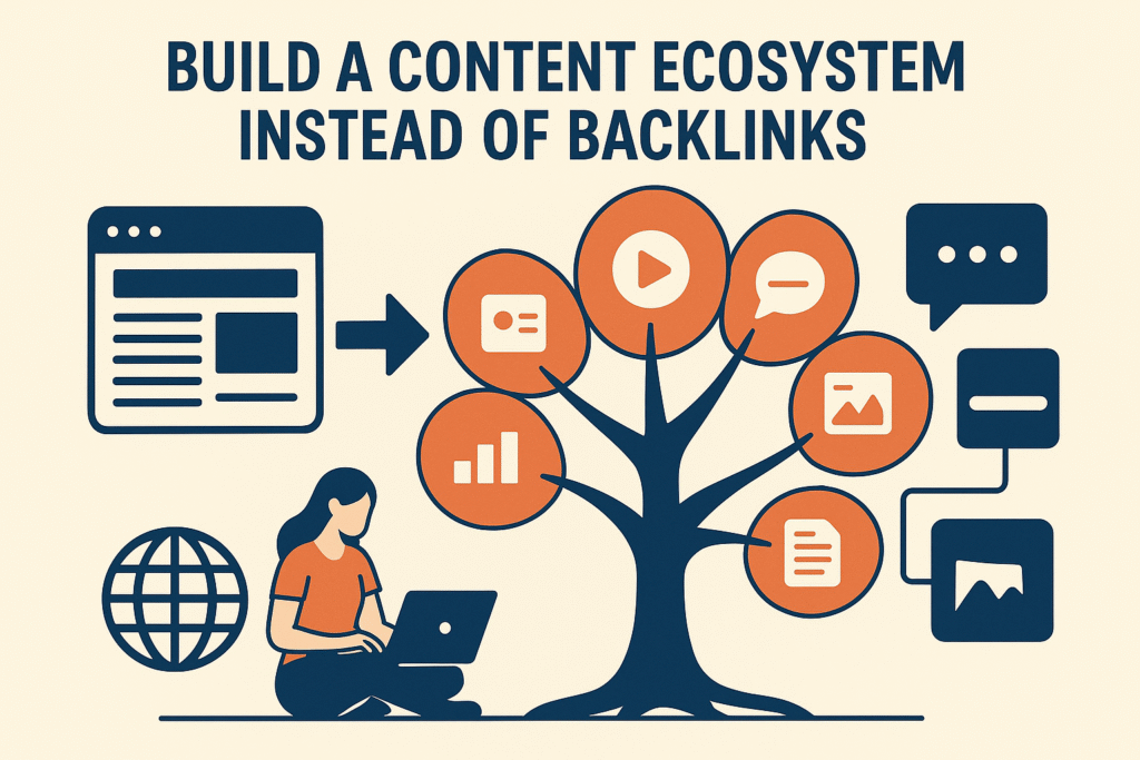 Infographic showing a woman working on a laptop next to a tree made of content icons, symbolizing a content ecosystem. The title reads “Build a Content Ecosystem Instead of Backlinks.”