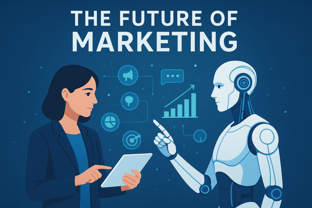 A futuristic digital illustration showing a businesswoman using a tablet while an AI humanoid interacts through virtual graphs and icons, symbolizing human-AI collaboration in marketing. The Future of Marketing Humans AI