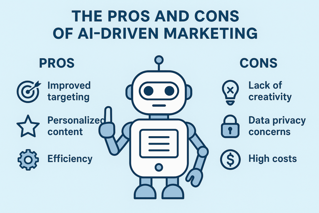 Infographic showing “The Pros and Cons of AI-Driven Marketing.” The design features a central robot icon, with pros listed on the left and cons on the right. The Future of Marketing Humans AI