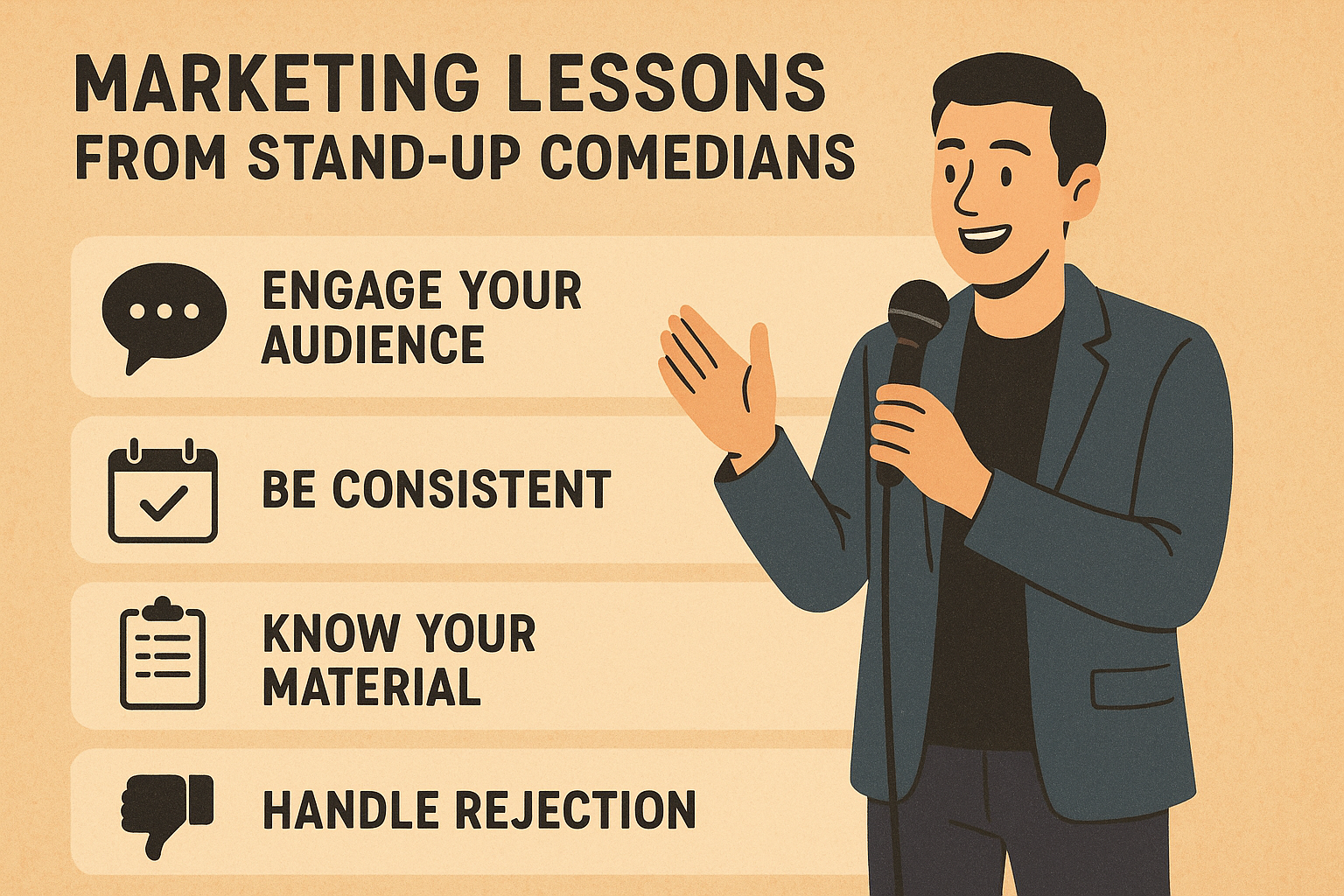 Infographic titled "Marketing Lessons from Stand-Up Comedians" showing a smiling male comedian holding a microphone on the right. On the left, four marketing lessons are listed with icons: “Engage Your Audience” (chat bubble), “Be Consistent” (calendar), “Know Your Material” (clipboard), and “Handle Rejection” (thumbs down). The Future of Marketing Humans AI