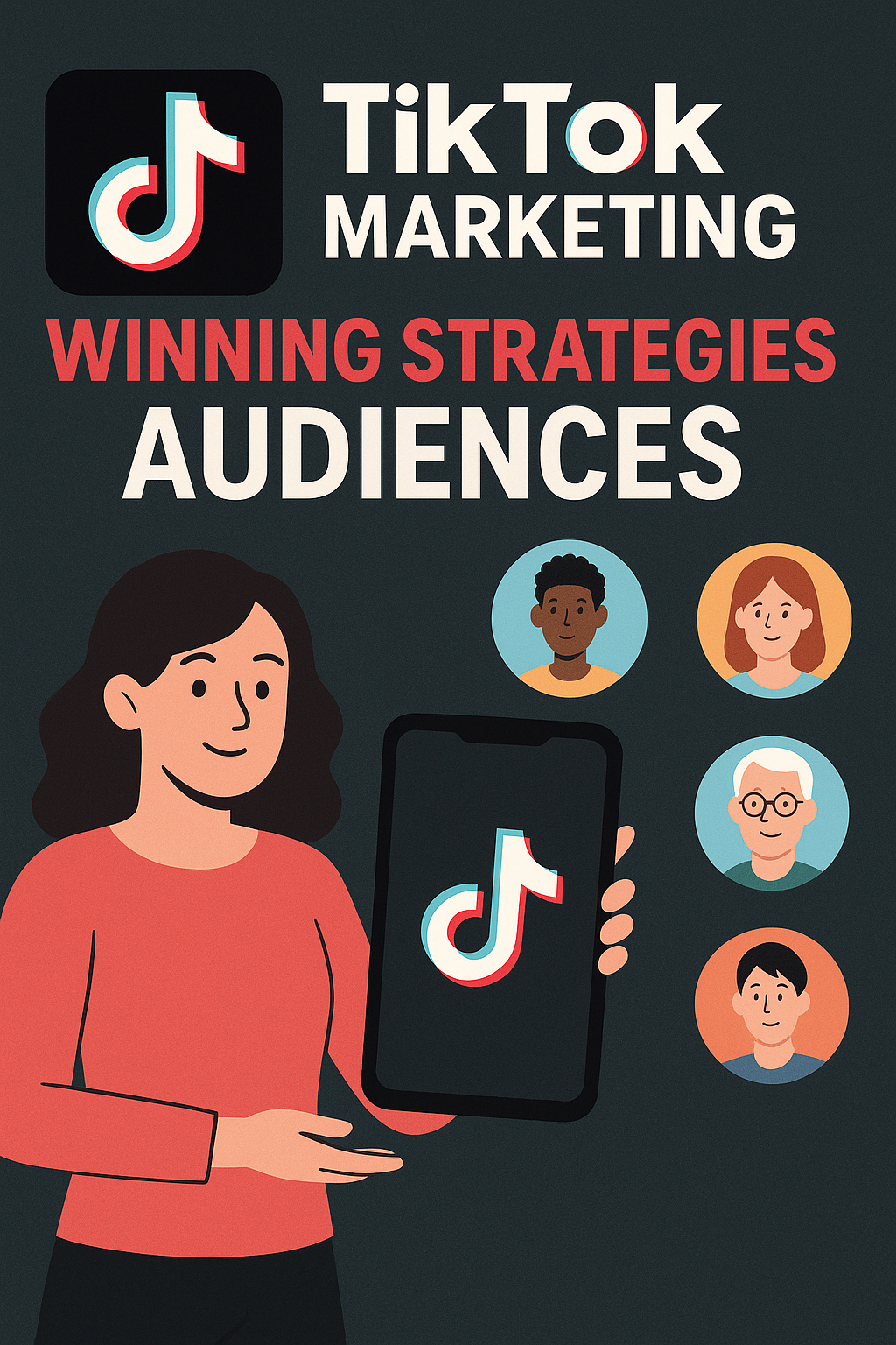 Illustration of a woman holding a smartphone with the TikTok logo, surrounded by icons of diverse audience profiles. Text reads “TikTok Marketing: Winning Strategies Audiences.” TikTok Marketing Winning strategies Audiences