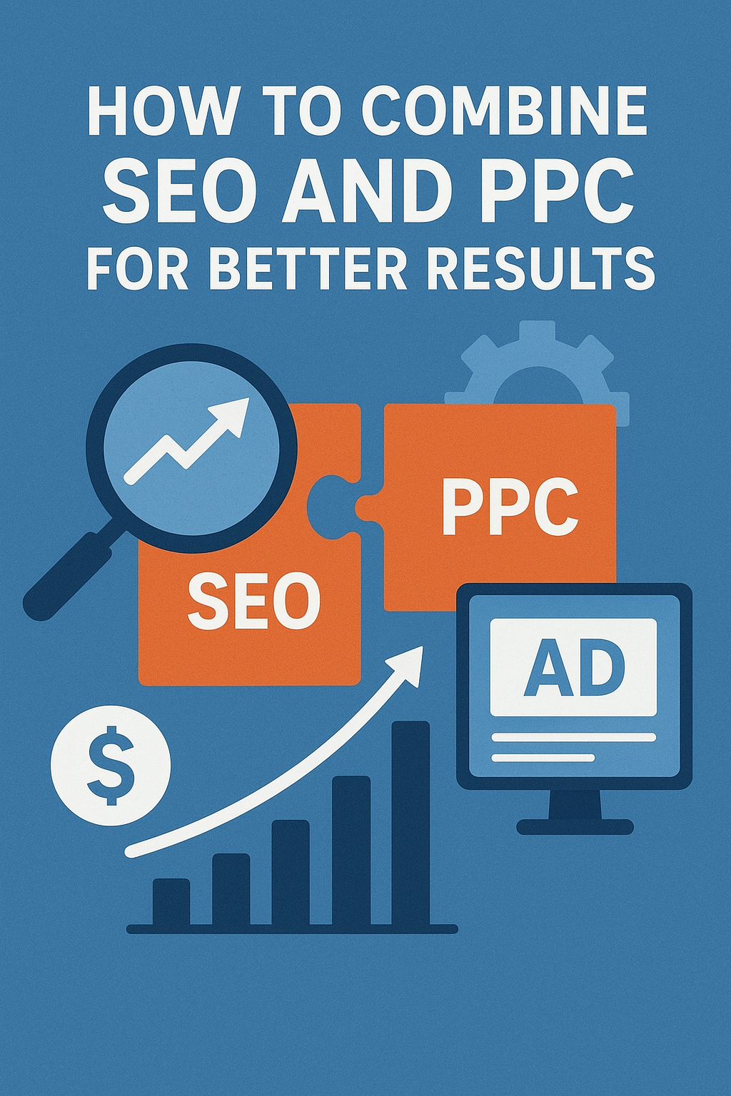 Infographic showing how to combine SEO and PPC for better results, with puzzle pieces labeled “SEO” and “PPC,” a magnifying glass, graph, dollar sign, and computer ad symbolizing growth and integration. How to Combine SEO and PPC for Better Results