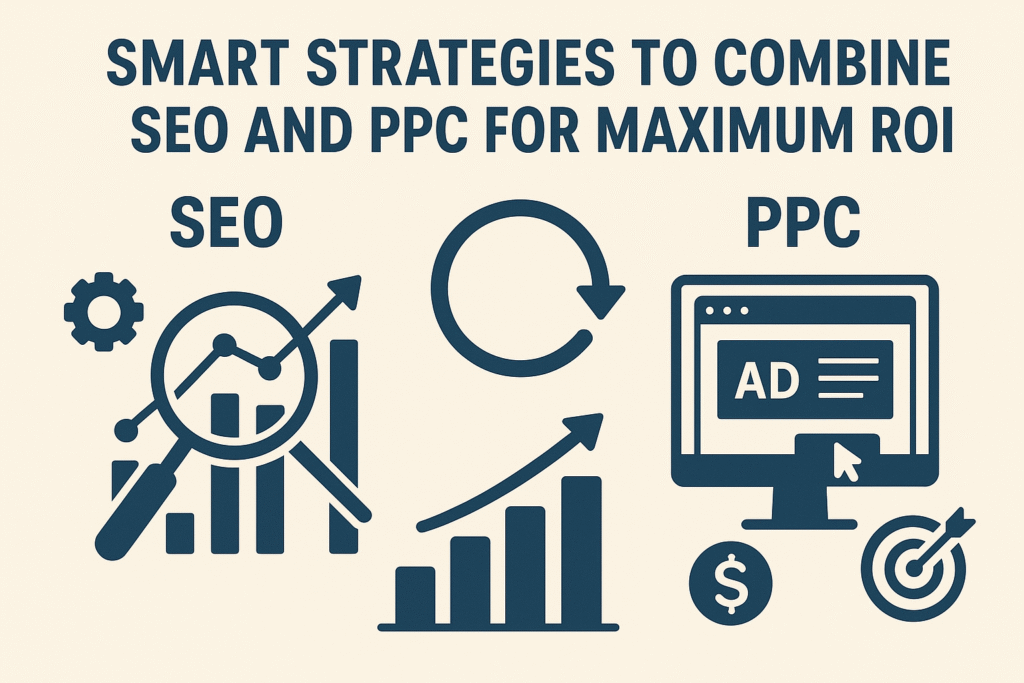 Infographic showing “Smart Strategies to Combine SEO and PPC for Maximum ROI.” The left side represents SEO with a magnifying glass, gear, and upward bar chart, while the right side represents PPC with a computer screen showing an ad, a target, and a dollar sign. How to Combine SEO and PPC for Better Results