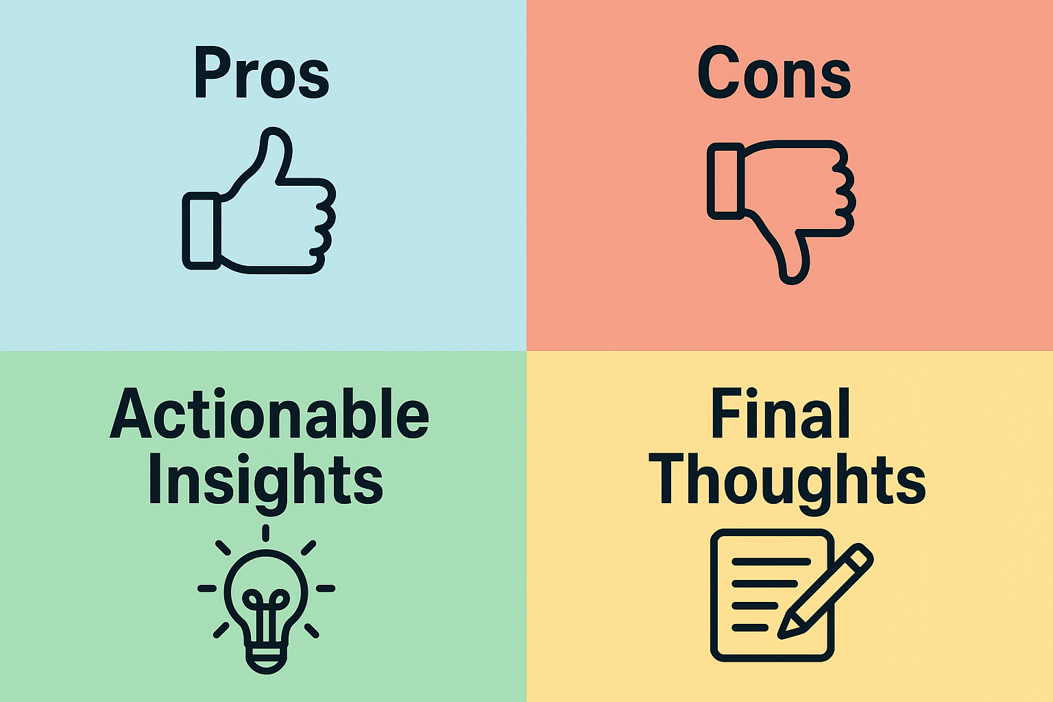 A colorful 2D infographic divided into four quadrants labeled “Pros,” “Cons,” “Actionable Insights,” and “Final Thoughts,” each with a simple black icon — thumbs up, thumbs down, light bulb, and notepad with pencil — on pastel blue, coral, green, and yellow backgrounds respectively. How to Combine SEO and PPC for Better Results