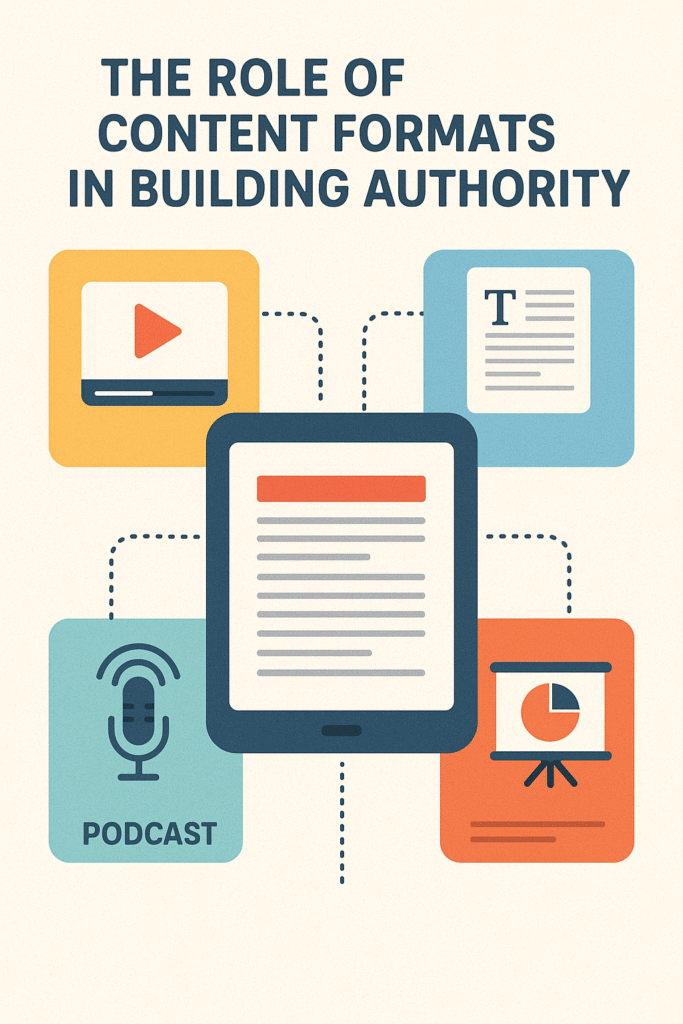 Infographic showing various content formats—video, blog post, podcast, and presentation—connected to a central tablet, illustrating how diverse content types build online authority. The Ultimate Guide to E-A-T (Expertise