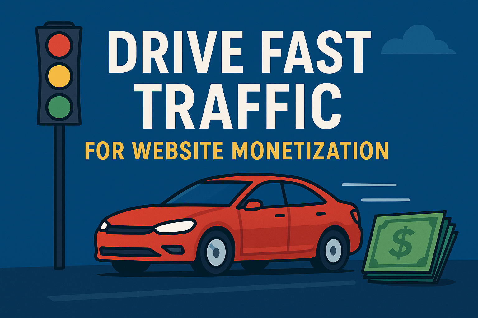 Illustration of a red car speeding toward a stack of money with a traffic light showing green and bold text saying “Drive Fast Traffic for Website Monetization” on a blue background. Best Drive Fast Traffic for Website Monetization