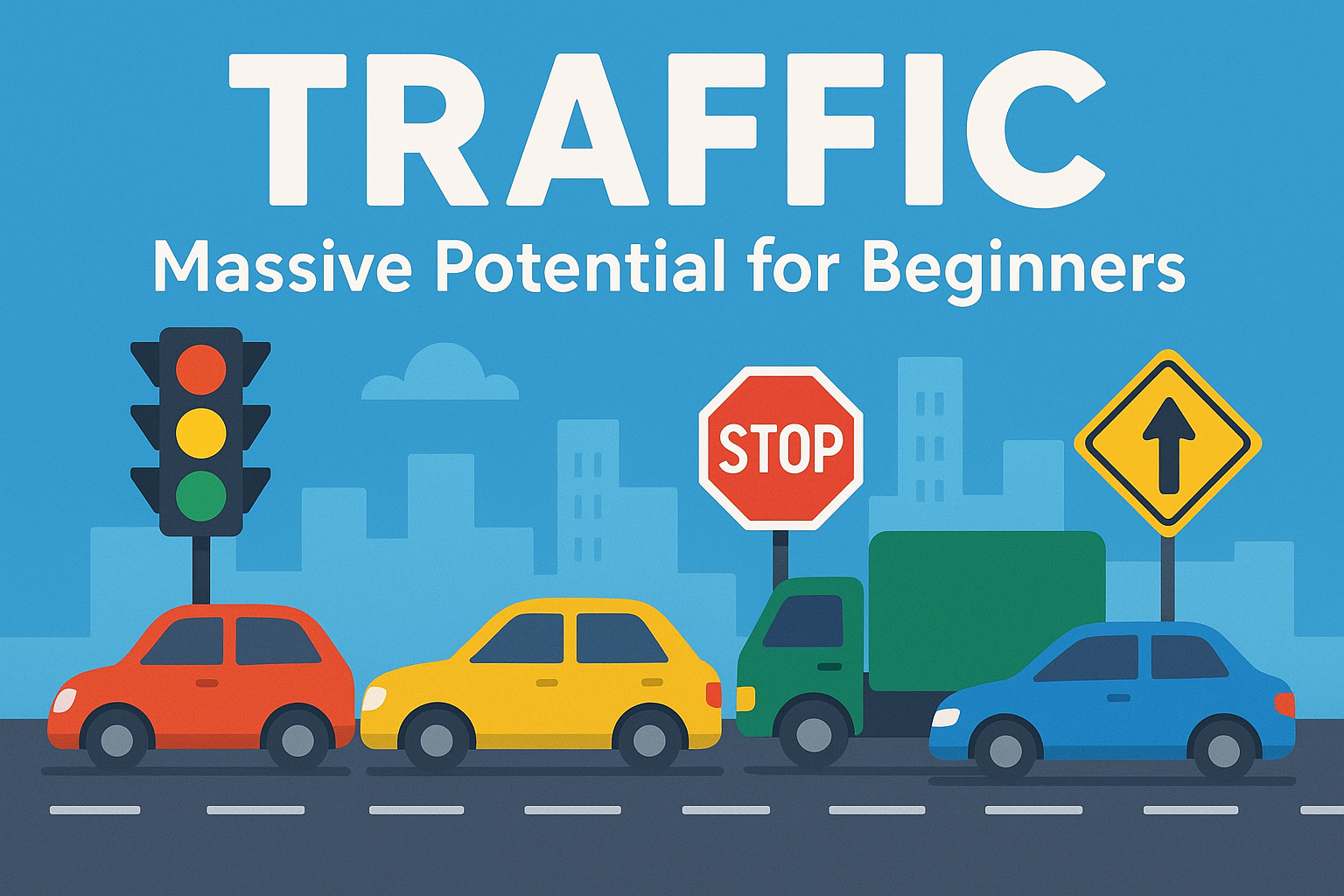 “2D flat illustration showing colorful cars, traffic lights, stop sign, and upward arrow sign with the title ‘Traffic – Massive Potential for Beginners.’” Best Drive Fast Traffic for Website Monetization