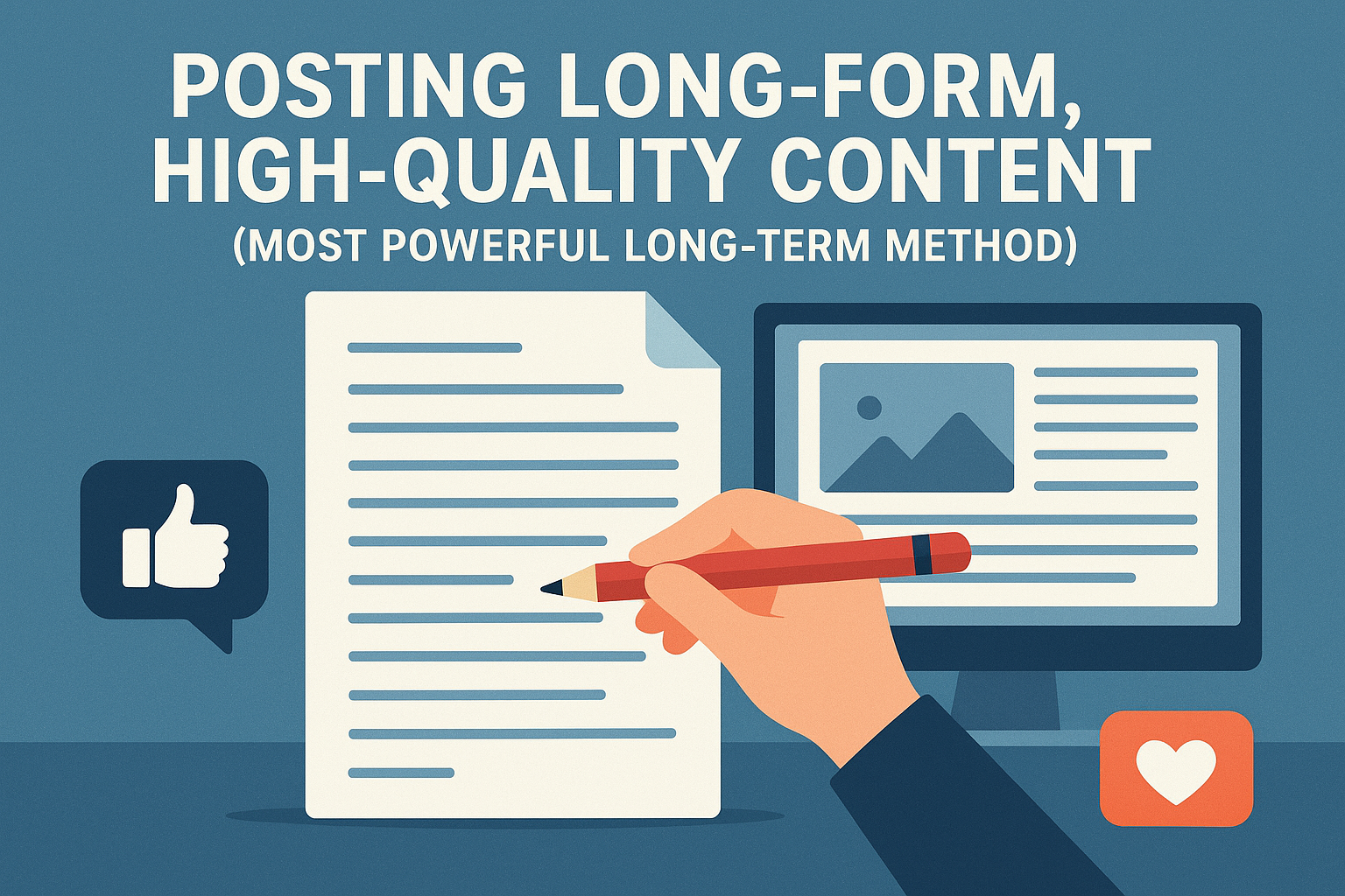 "Illustration of a hand writing long-form content on paper with a computer screen in the background, surrounded by like and heart icons, representing high-quality content creation." Best Drive Fast Traffic for Website Monetization