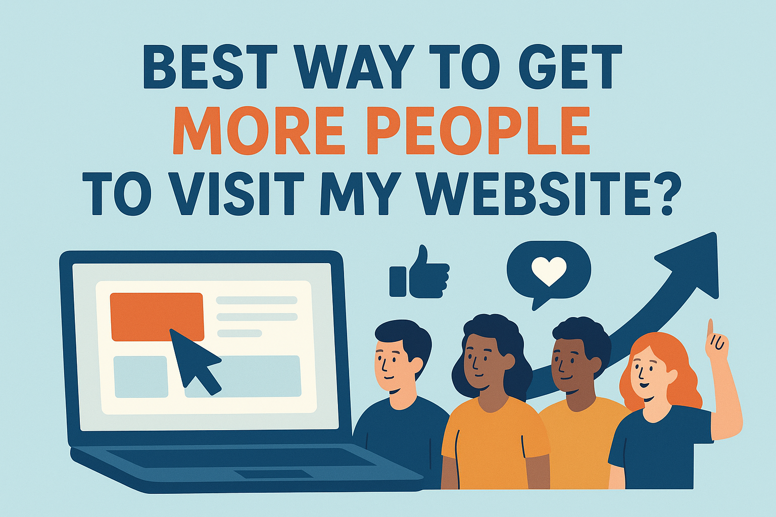 “Illustration showing a laptop screen with a cursor clicking a webpage, and four people standing beside it with social media icons and an upward arrow, representing ways to increase website traffic.” Best Way to Get More People to Visit My Website?