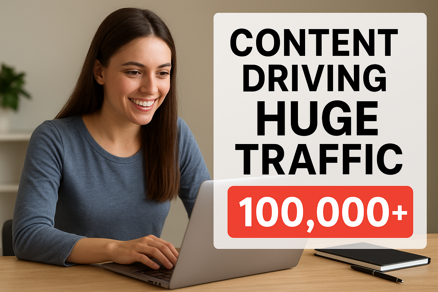 "Smiling woman working on a laptop with a graphic overlay saying 'Content Driving Huge Traffic 100,000+'." Best Way to Get More People to Visit My Website?