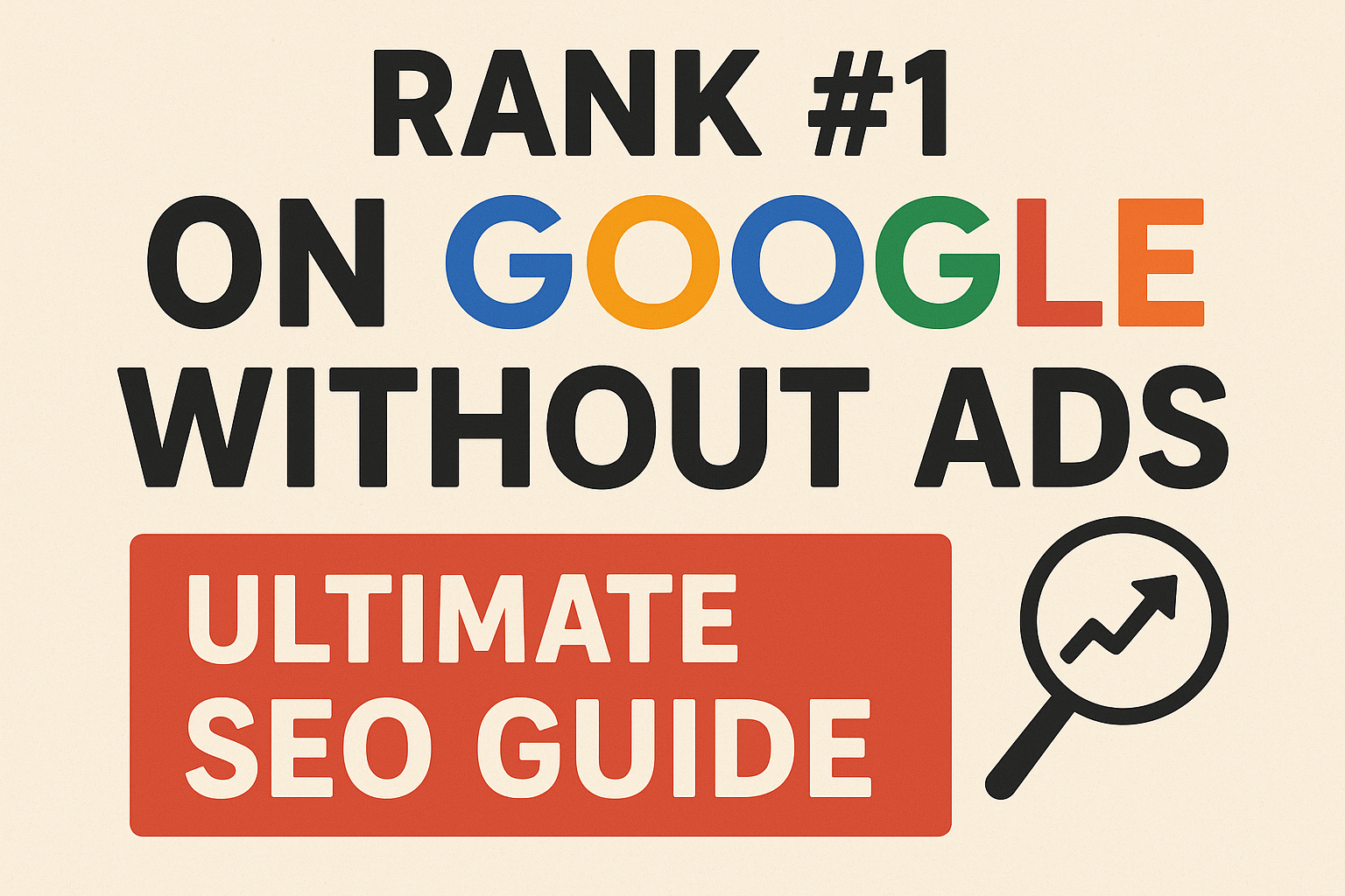 "Rank #1 on Google Without Ads – Ultimate SEO Guide graphic with colorful Google lettering and magnifying glass icon." Rank #1 on Google Without Ads Ultimate SEO Guide