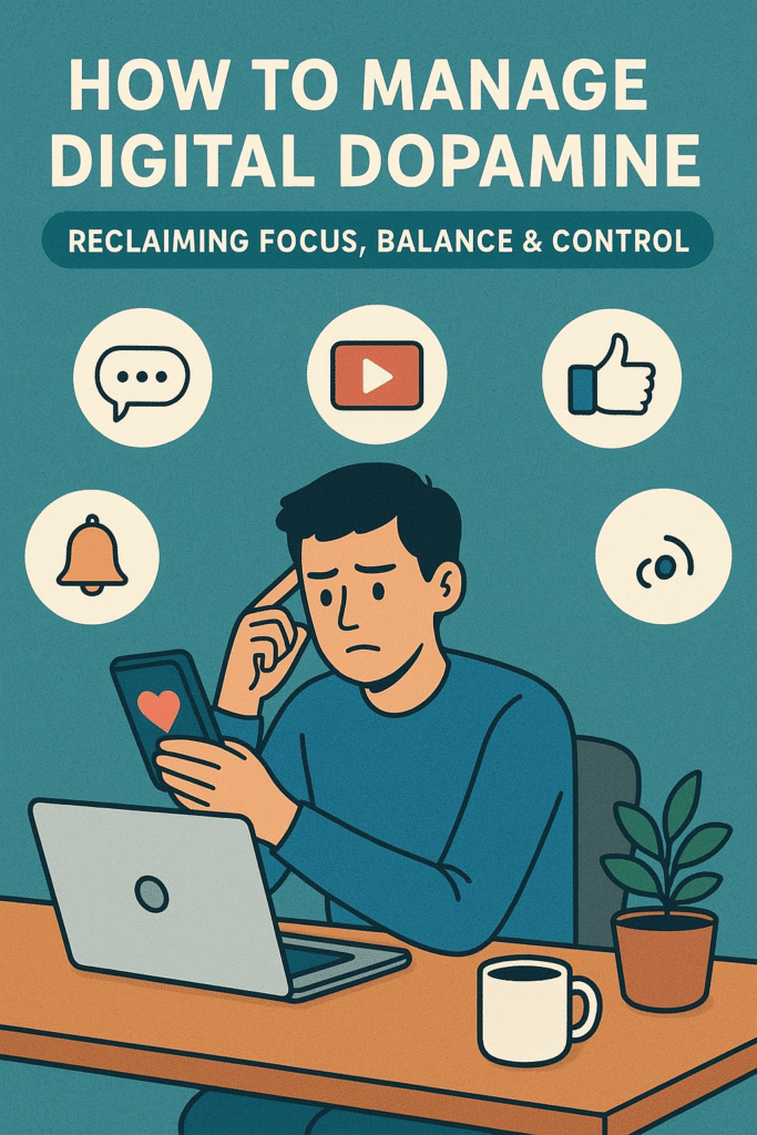 Illustration of a man feeling distracted by his smartphone while sitting at a desk with a laptop, coffee cup, and plant, surrounded by social media icons representing notifications and digital distractions. Digital Dopamine How Tech Rewires the Brains