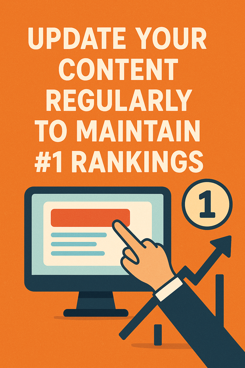 “Flat-style illustration showing the text ‘Update Your Content Regularly to Maintain #1 Rankings’ above a computer screen with a hand clicking on content and an upward arrow symbolizing SEO growth.” Rank #1 on Google Without Ads Ultimate SEO Guide