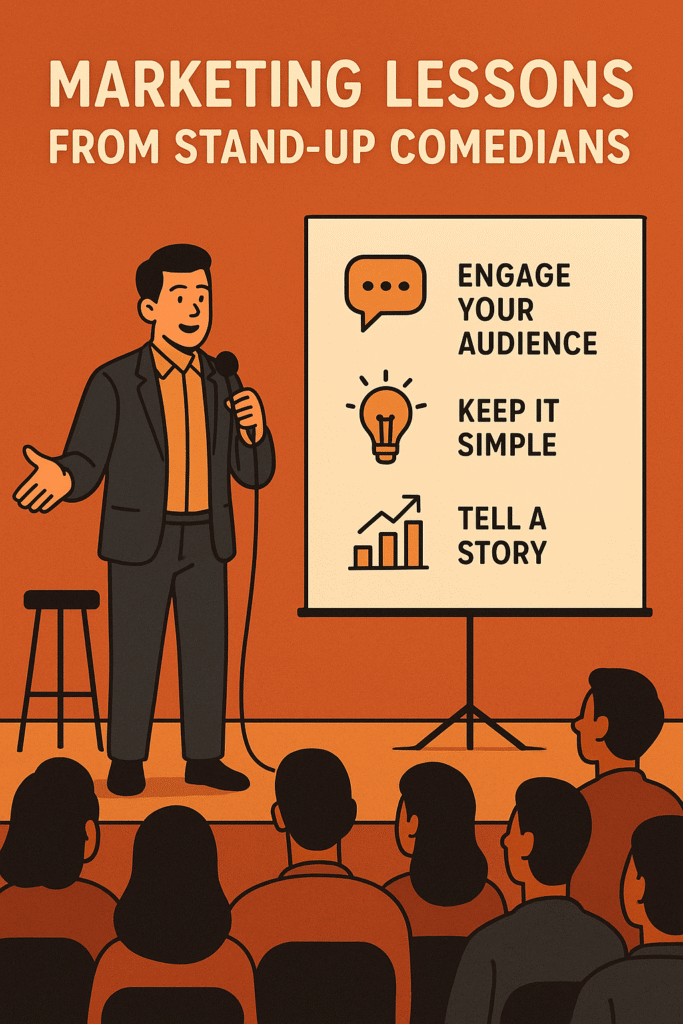 A stand-up comedian on stage gives a presentation titled “Marketing Lessons from Stand-Up Comedians.” A screen beside him displays three key points: “Engage Your Audience,” “Keep It Simple,” and “Tell a Story,” while an audience watches attentively. Marketing Lessons from Stand Up Comedians