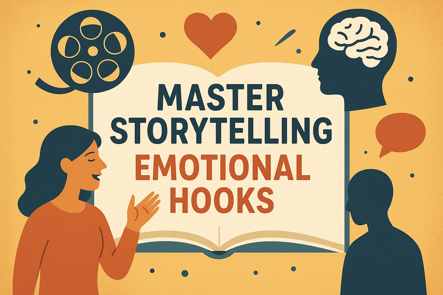 A flat-style digital illustration showing a woman speaking beside an open book with the text “Master Storytelling” and “Emotional Hooks.” The background features icons of a film reel, heart, human brain, and speech bubble, symbolizing creativity, emotion, and communication. Marketing Lessons from Stand Up Comedians