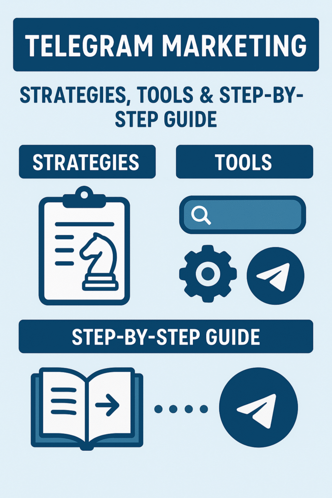 Infographic titled “Telegram Marketing: Strategies, Tools & Step-by-Step Guide” with blue and white minimalist design, showing icons of a chess knight for strategies, a gear and Telegram logo for tools, and an open book with an arrow for the step-by-step guide. What Is Telegram Marketing How to Do It