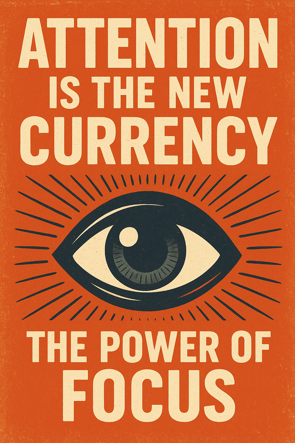 Poster reading "ATTENTION IS THE NEW CURRENCY – THE POWER OF FOCUS" featuring a large stylized eye at the center on an orange background, radiating lines symbolizing awareness and concentration. Attention Is the New Currency The Power of Focus