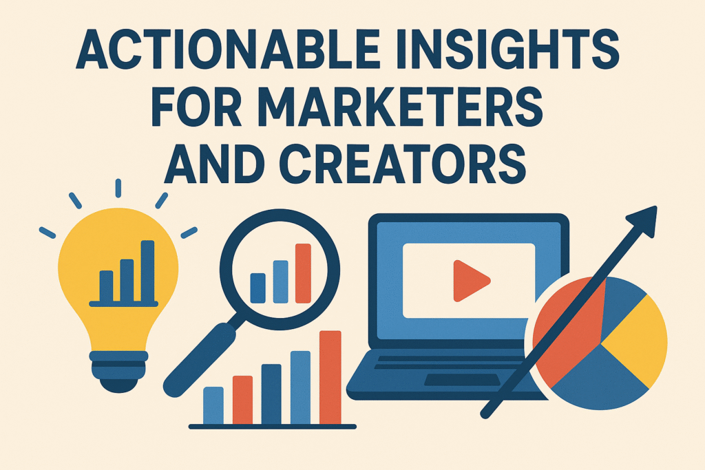 Flat design digital illustration with the title “Actionable Insights for Marketers and Creators.” Below the title are icons of a lightbulb with a bar chart, a magnifying glass over a chart, a laptop with a play button, and a pie chart with an upward arrow, symbolizing creativity, analysis, digital strategy, and growth. Attention Is the New Currency The Power of Focus